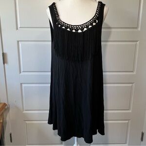 Black Fringe‎ Dress Crochet Neckline Sleeveless Summer Beach Coverup Dress Large